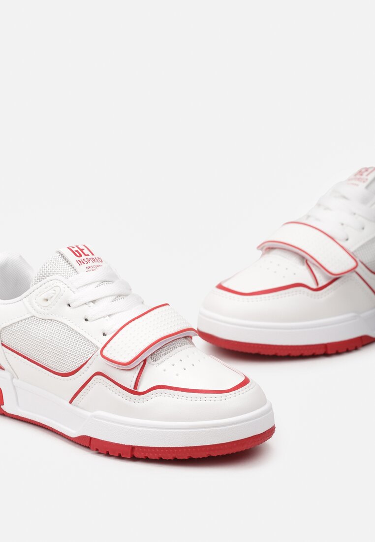 Biało-Czerwone Sneakersy z Ozdobnymi Przeszyciami Zapięciem na Rzep przed Kostkę Anihapre