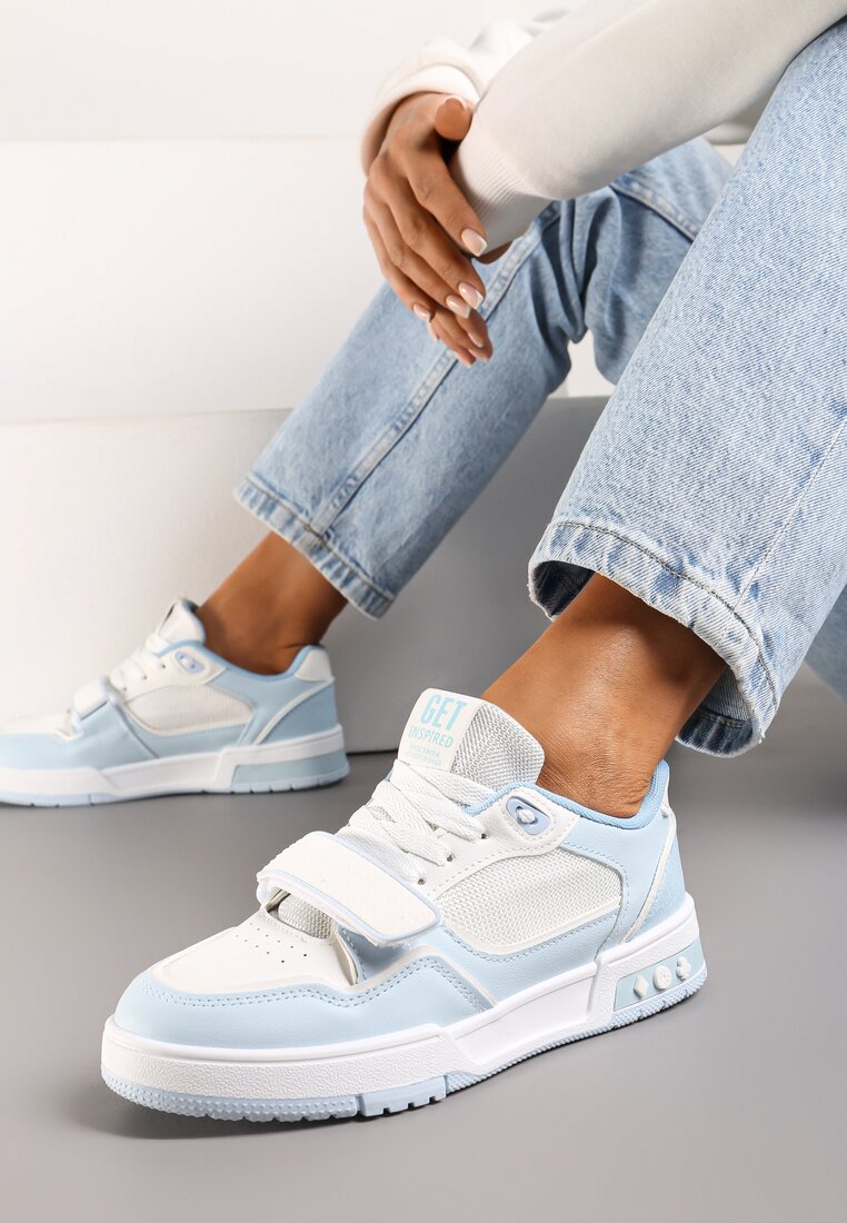 Biało-Niebieskie Sneakersy z Ozdobnymi Przeszyciami Zapięciem na Rzep przed Kostkę Anihapre