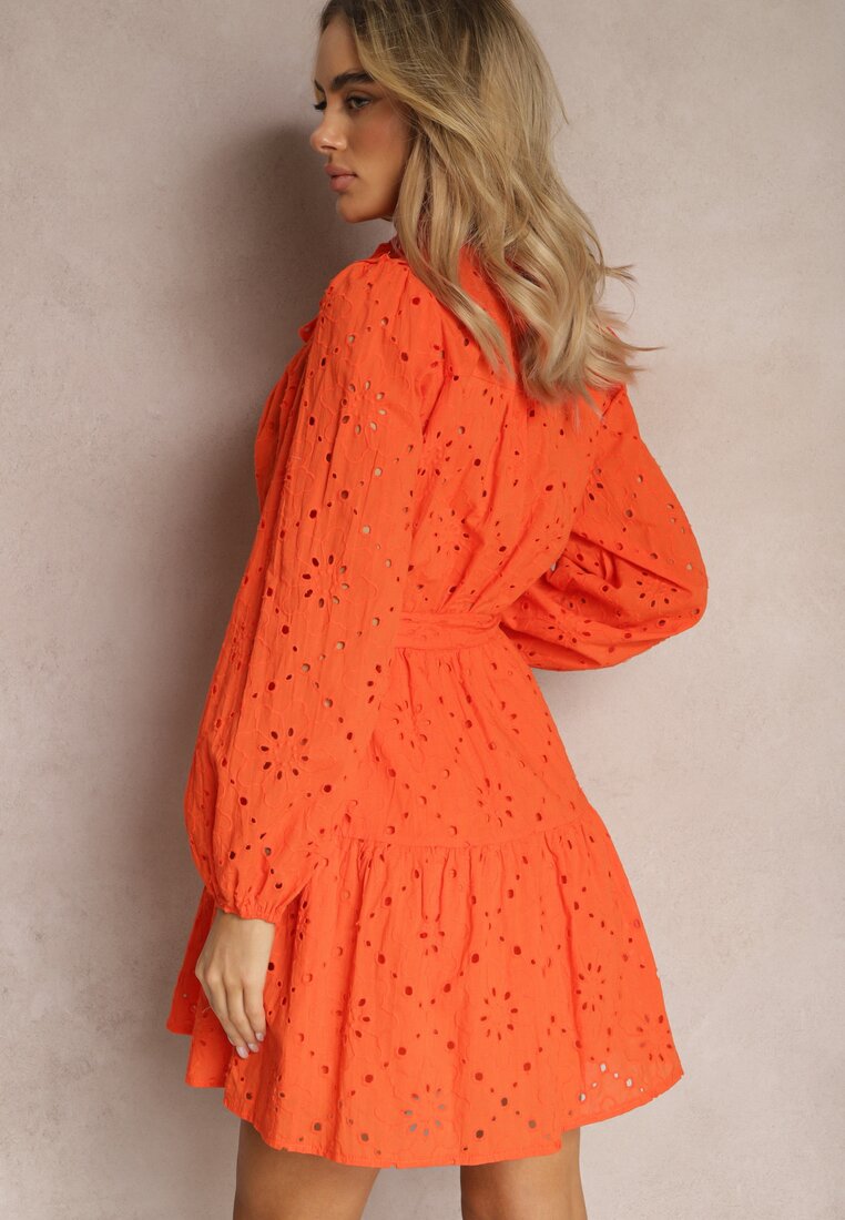 Pomarańczowa Bawełniana Sukienka o Rozkloszowanym Fasonie z Ozdobnym Haftowaniem Bealiosa