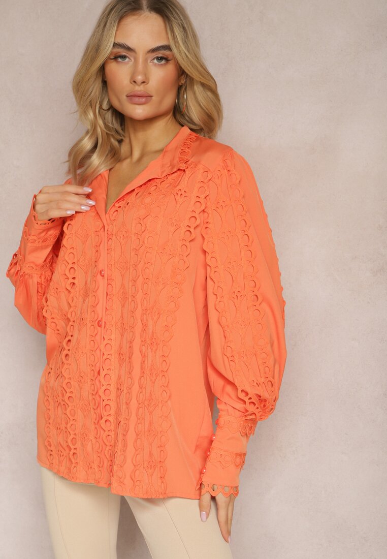 Pomarańczowa Ażurowa Koszula z Elegancką Stójką Manuella