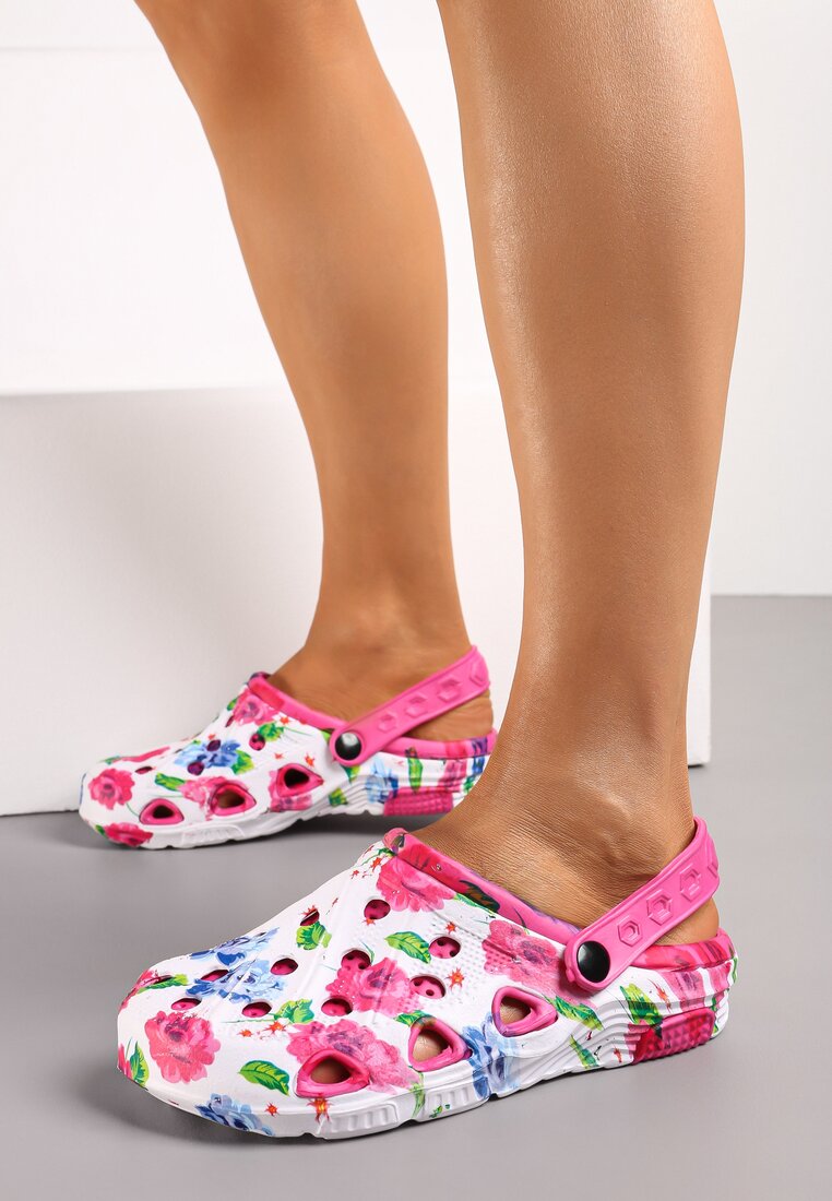 Șlapi Albi-Fucsia în Stilul Adidașilor cu Imprimeu Flori Kumiona