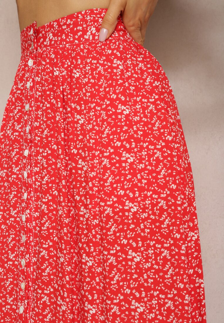 Czerwona Maxi Spódnica Rozkloszowana w Kwiaty z Guzikami Kessame