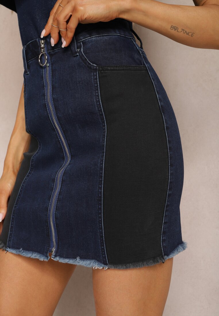 Granatowa Jeansowa Spódnica Mini Zapinana na Długi Suwak Lamledis