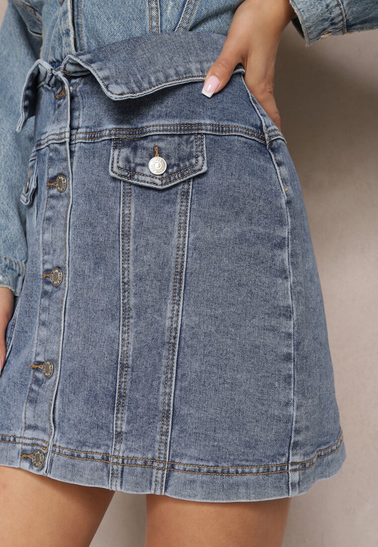 Granatowa Jeansowa Spódnica Mini z Wysoką Talią Paper Bag i Guzikami Tirhela