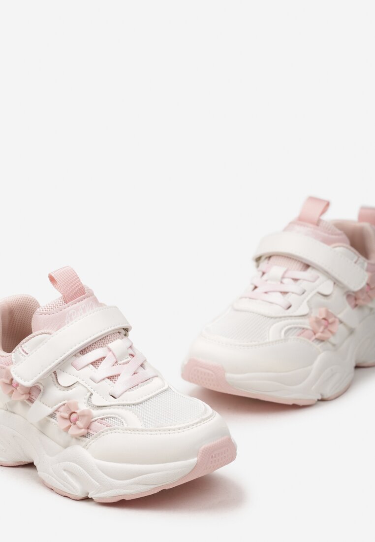 Różowe Buty Sportowe Sneakersy  Zapinane na Rzep z Naszywkami w Kształcie Kokardek Bellessa