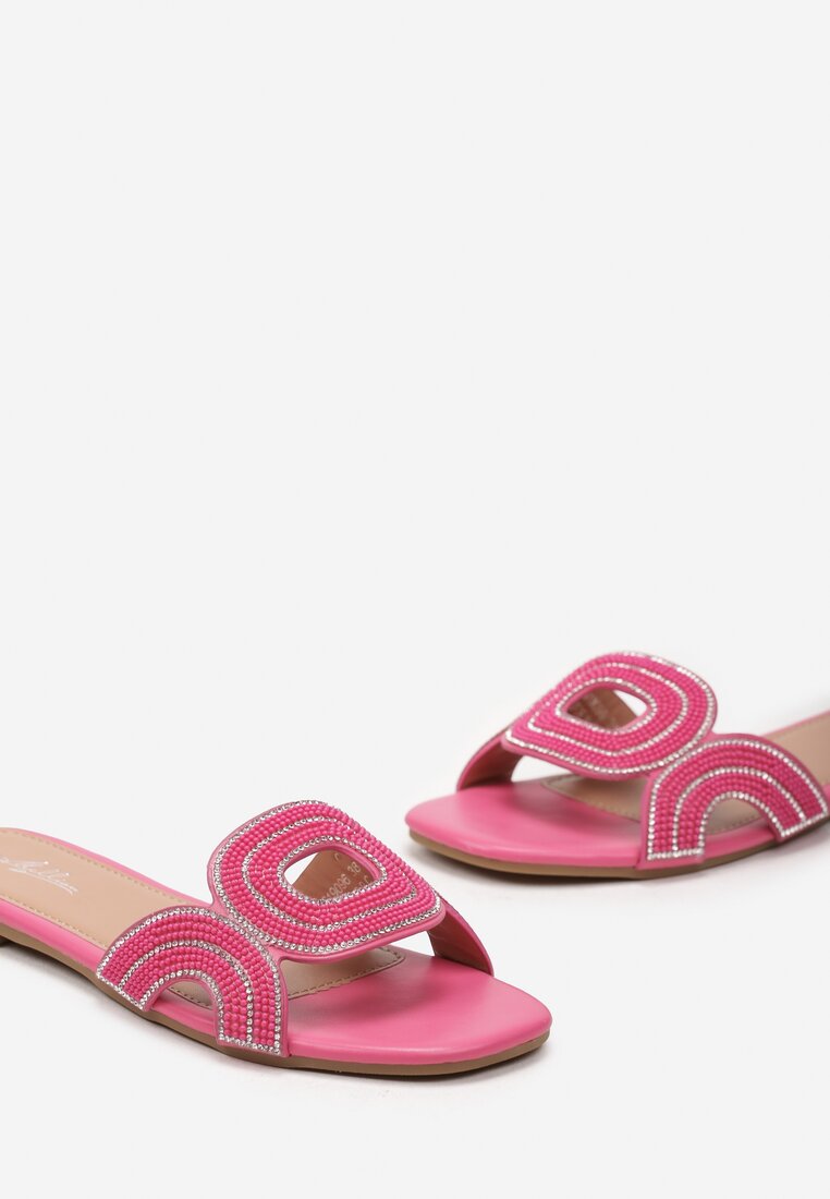 Papuci de casă fuchsia cu decupaje decorative și zirconii Aislyn