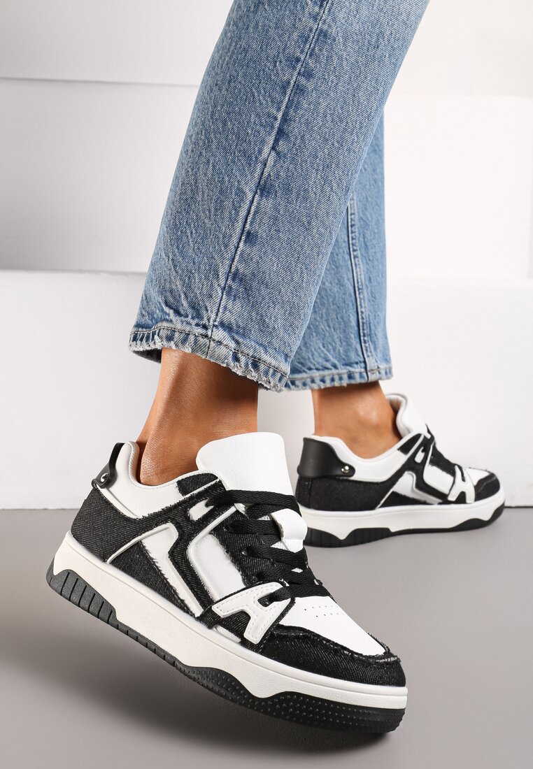 Czarno-Białe Sneakersy Ozdobione Jeansowymi Naszywkami Cliome