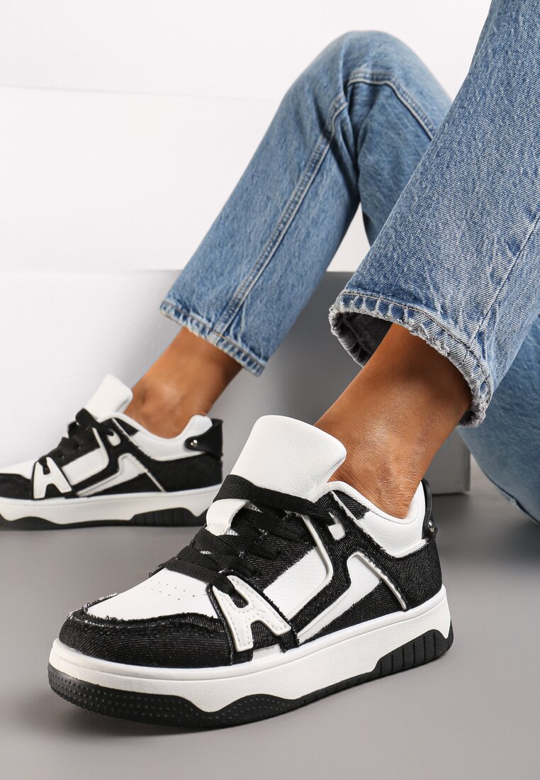 Czarno-Białe Sneakersy Ozdobione Jeansowymi Naszywkami Cliome