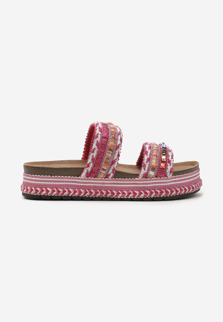 Clapete Fucsia din Piele Ecologică cu Ținte Bogat Decorate cu Pietre Strass și Sclipici Obiuma