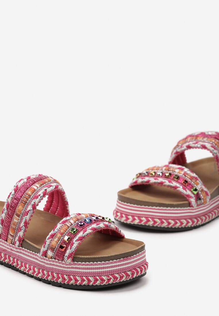 Clapete Fucsia din Piele Ecologică cu Ținte Bogat Decorate cu Pietre Strass și Sclipici Obiuma