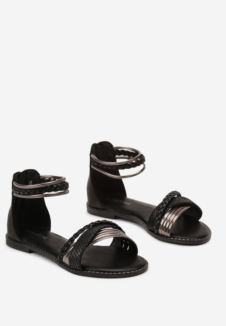 Czarne Sandały z Metalicznymi i Plecionymi Paskami Zapinane na Suwak Awodema