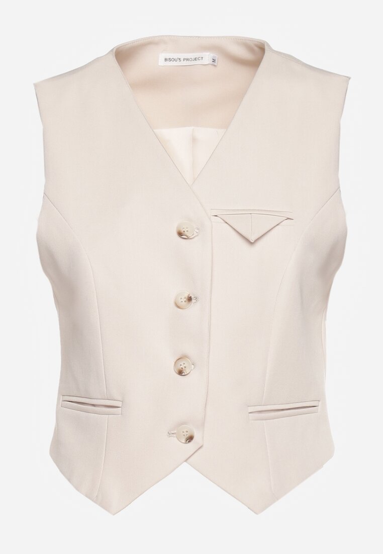 Beżowa Kamizelka w Stylu Garniturowym z Imitacją Kieszonek Odinen