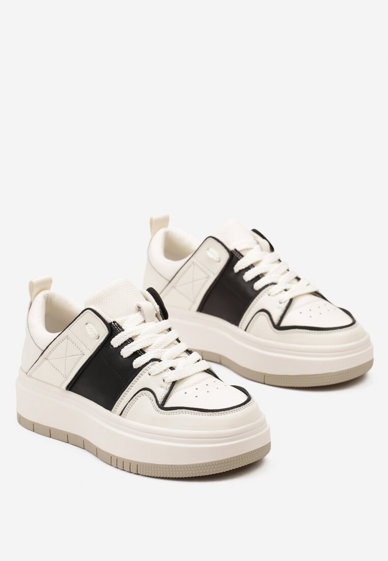 Biało-Czarne Sznurowane Sneakersy ze Skóry z Ozdobnymi Przeszyciami na Niskiej Platformie Glenita