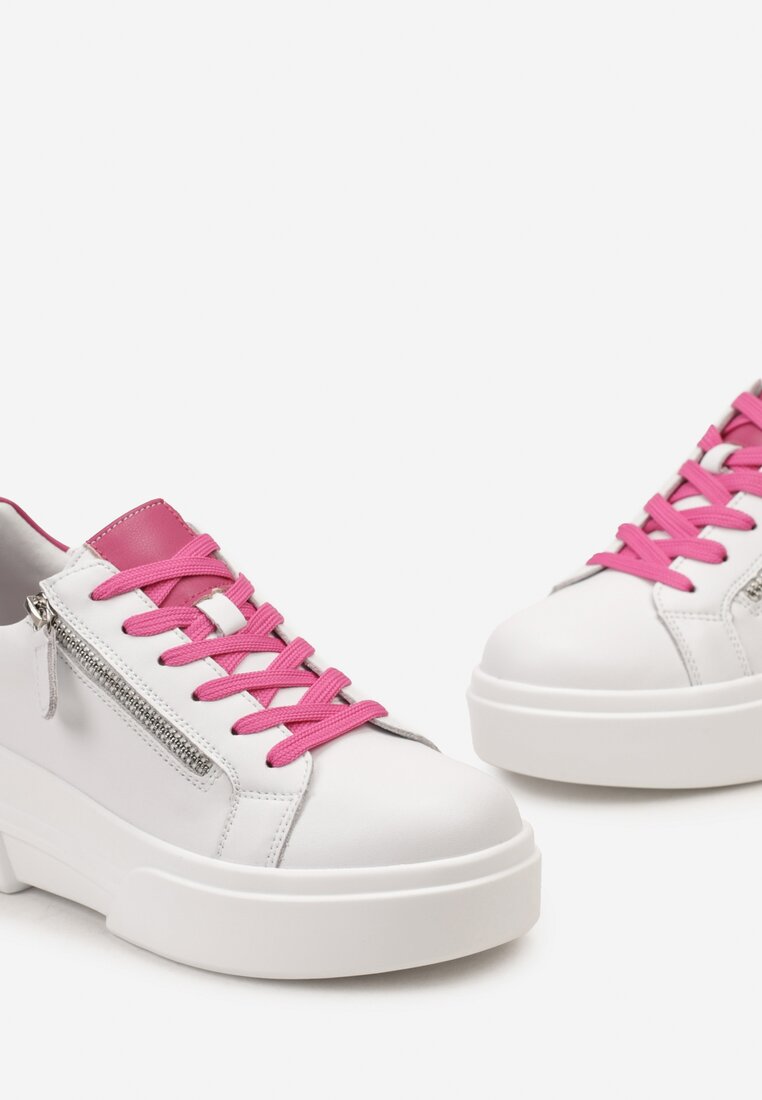 Biało-Różowe Skórzane Sneakersy na Platformie z Ozdobnym Suwakiem z Boku Leomiana