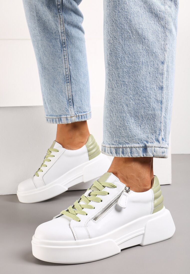 Biało-Zielone Skórzane Sneakersy na Platformie z Ozdobnym Suwakiem z Boku Leomiana