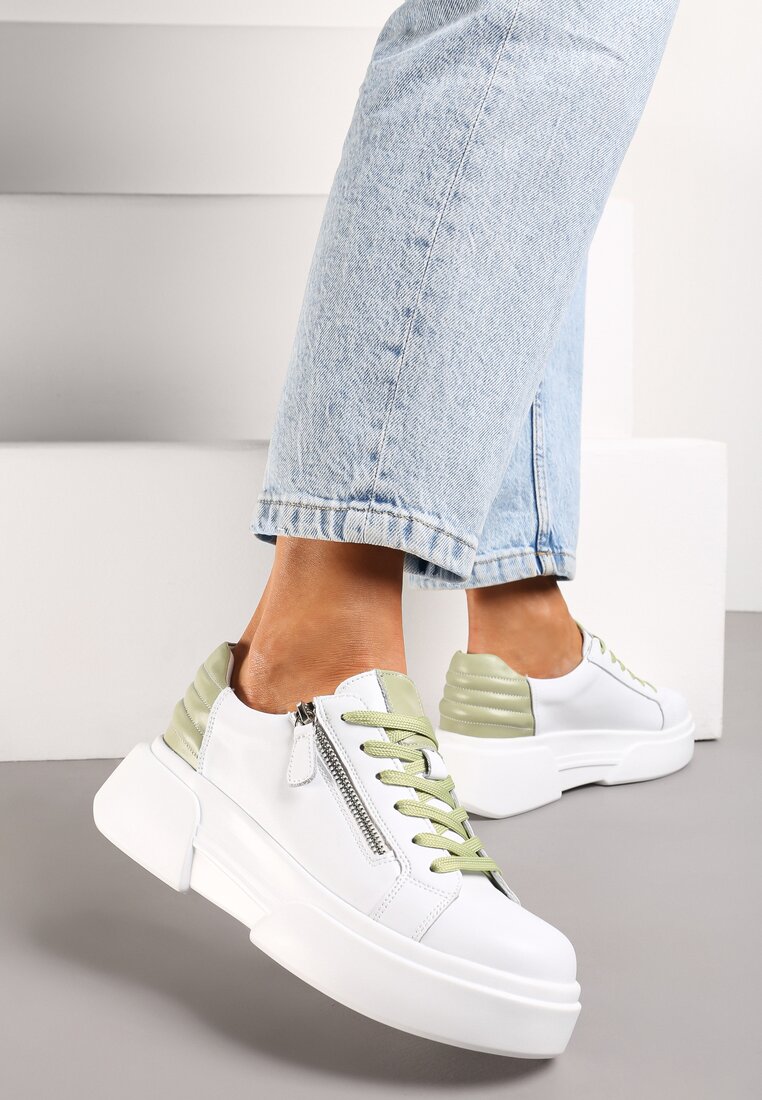 Biało-Zielone Skórzane Sneakersy na Platformie z Ozdobnym Suwakiem z Boku Leomiana