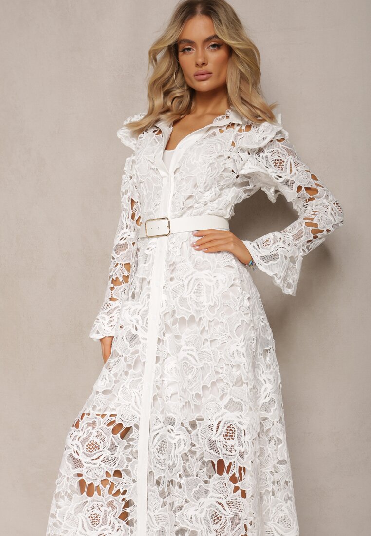 Biała Koronkowa Maxi Sukienka o Rozkloszowanym Fasonie Sedumma