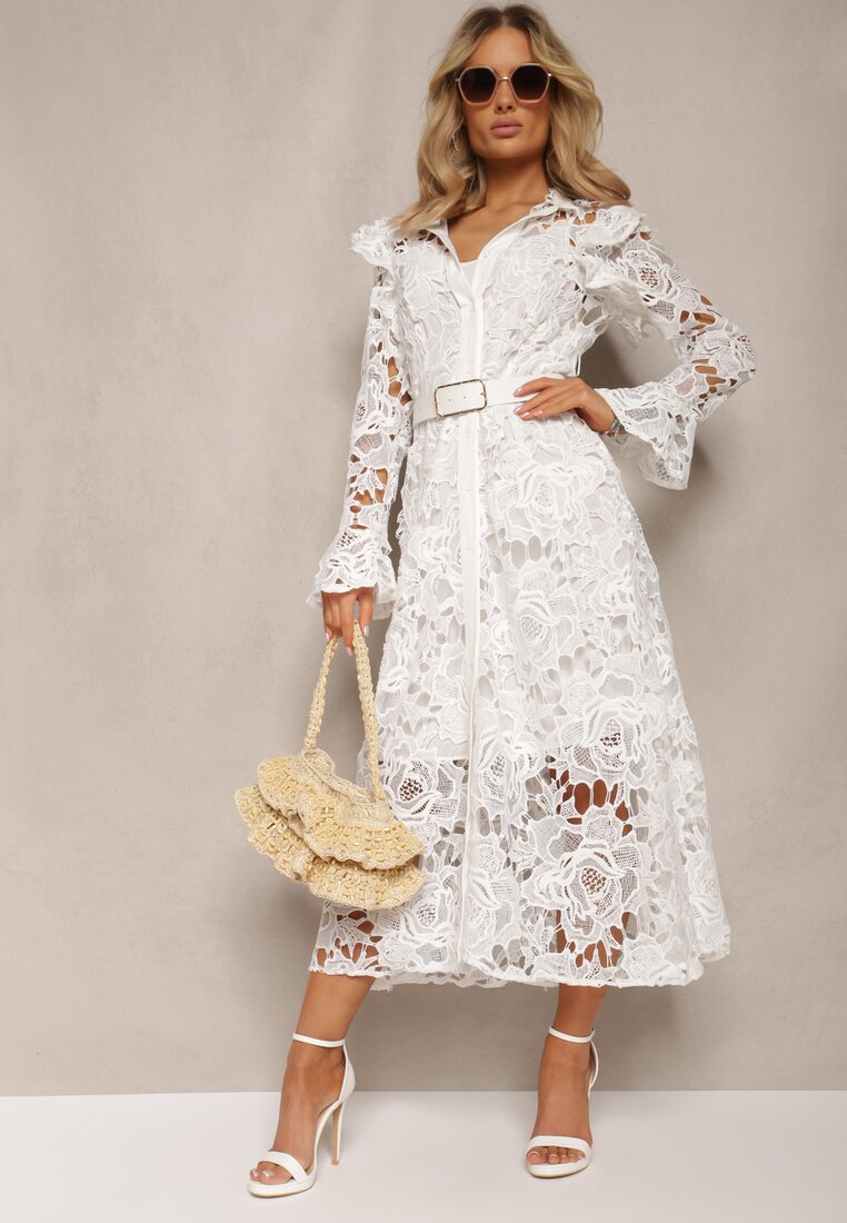 Biała Koronkowa Maxi Sukienka o Rozkloszowanym Fasonie Sedumma