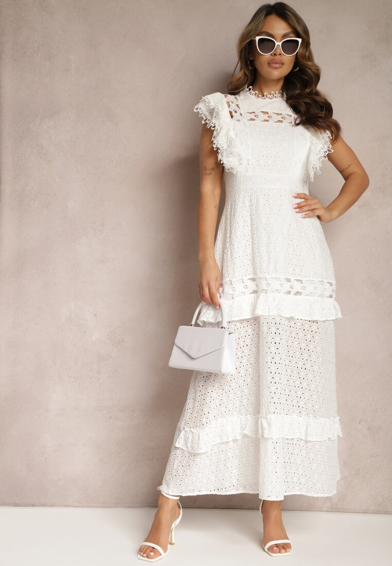Biała Taliowana Sukienka Maxi Rozkloszowana z Ażurowym Motywem Handlla