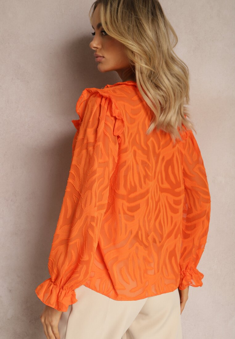 Pomarańczowa Koszula Lekko Przezroczysta z Falbankami i Abstrakcyjnym Wzorem Nusottia