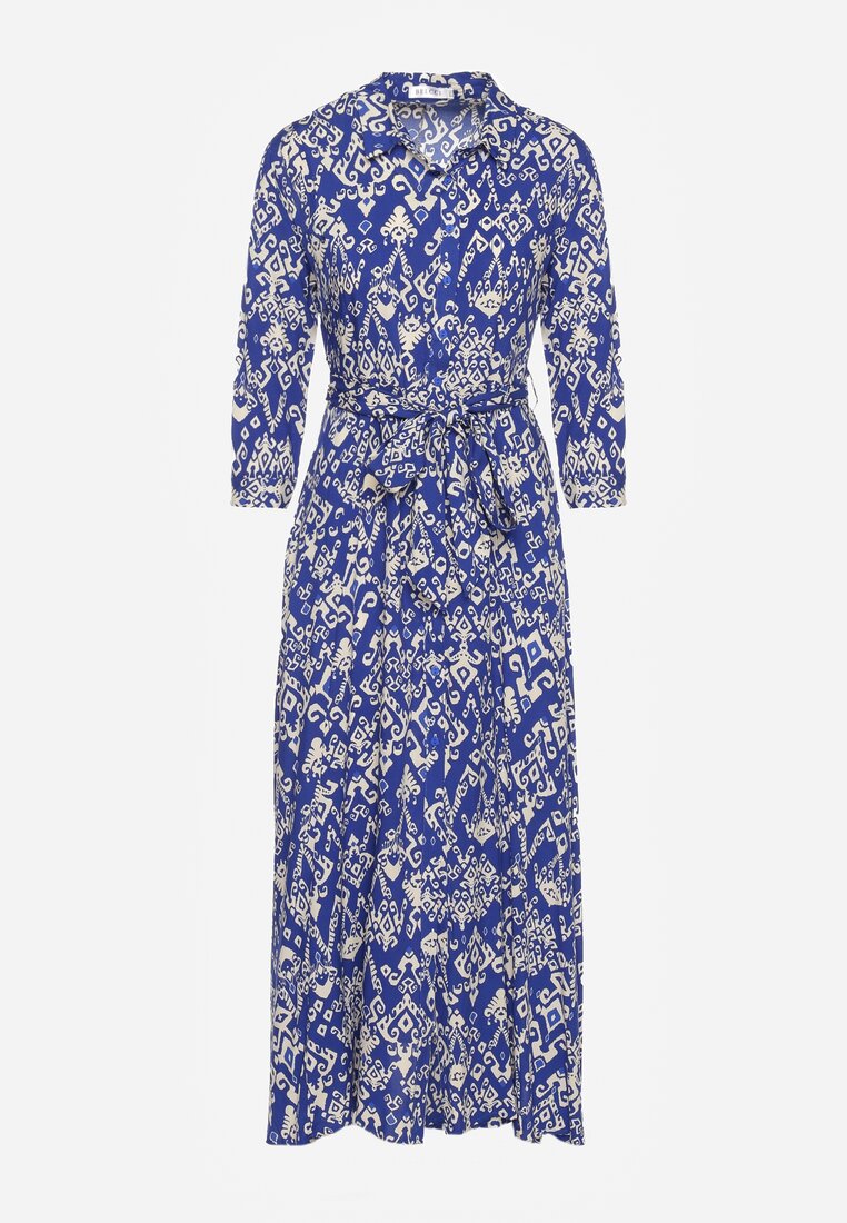 Granatowa Sukienka Koszulowa Wiązana w Pasie w Etno Wzór z Wiskozy Lokaggia