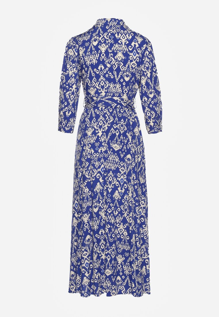 Granatowa Sukienka Koszulowa Wiązana w Pasie w Etno Wzór z Wiskozy Lokaggia