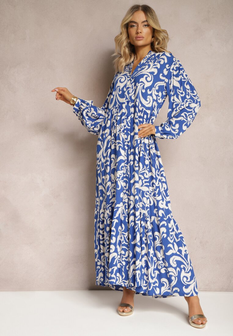 Niebieska Rozkloszowana Sukienka Maxi z Wiskozy o Koszulowym Kroju w Ornamentalny Print Leonorra
