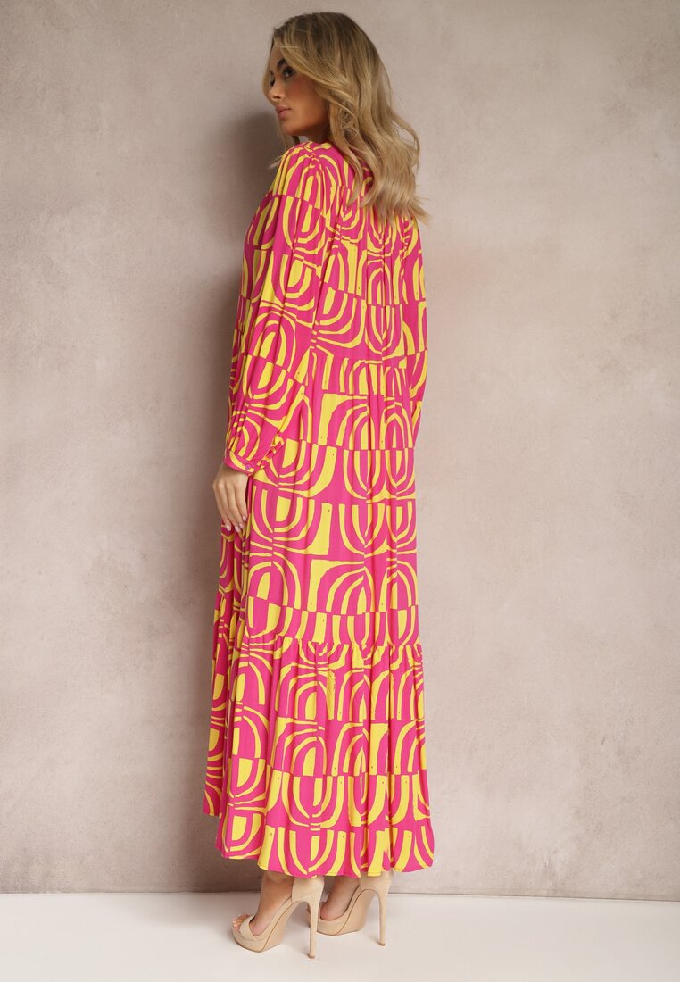 Różowo-Żółta Długa Sukienka Rozkloszowana w Geometryczne Wzory z Kołnierzykiem Skulle
