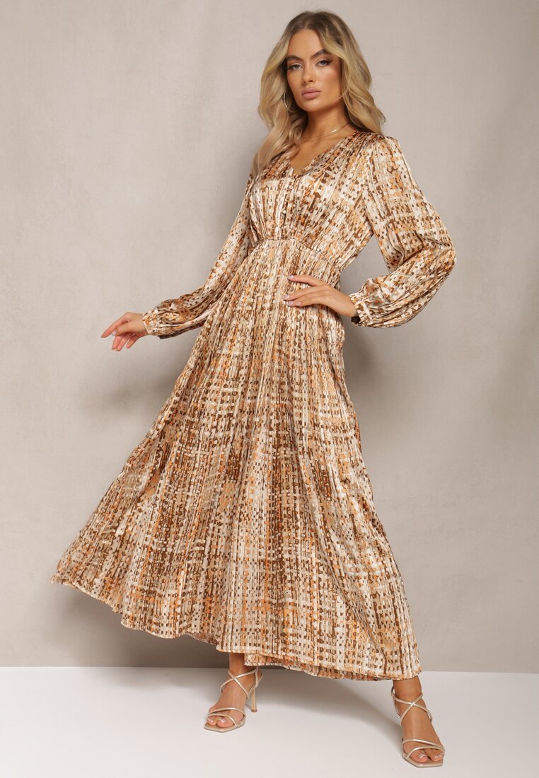 Beżowo-Brązowa Plisowana Sukienka Maxi Ozdobiona Wzorem w Tweedowym Stylu Juvioa