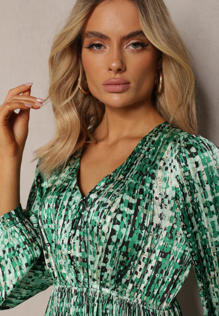 Zielona Plisowana Sukienka Maxi Ozdobiona Wzorem w Tweedowym Stylu Juvioa