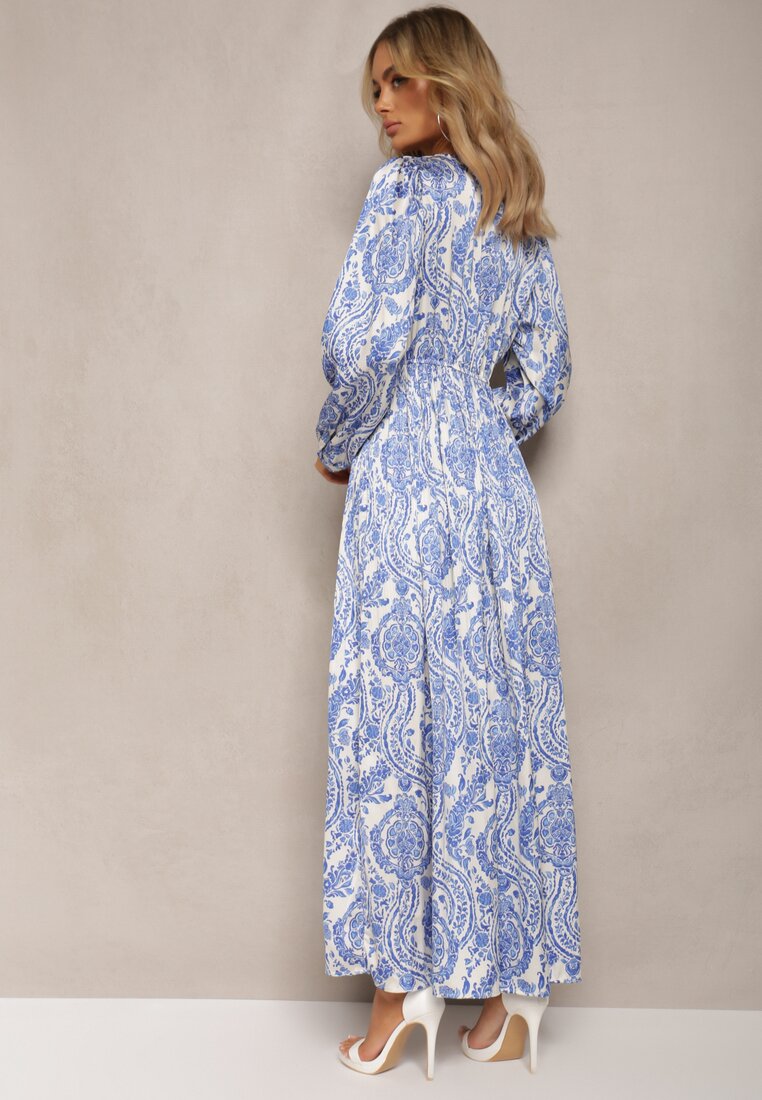 Niebieska Rozkloszowana Sukienka z Gumką w Talii i Plisami z Ornamentalnym Printem Juvana