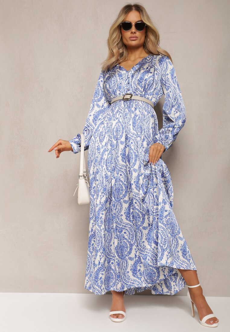 Niebieska Rozkloszowana Sukienka z Gumką w Talii i Plisami z Ornamentalnym Printem Juvana