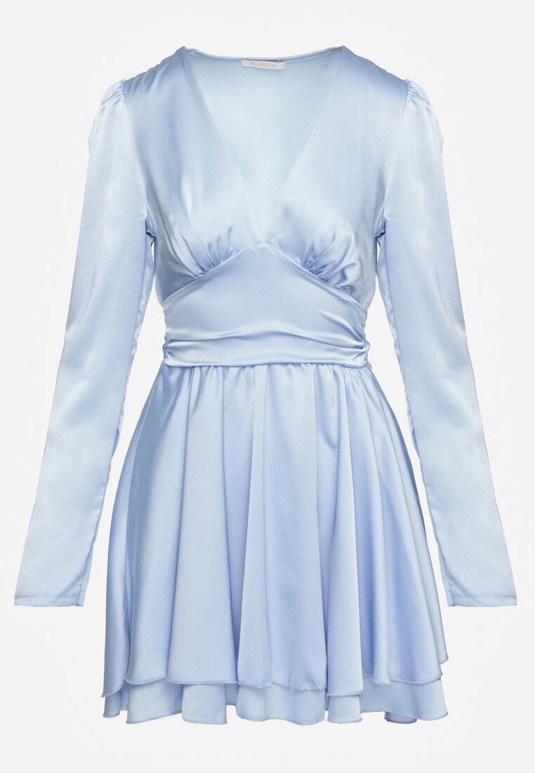 Rochie Mini din Satin Albastru cu Volane și Curea în Talie la Spate Catriona