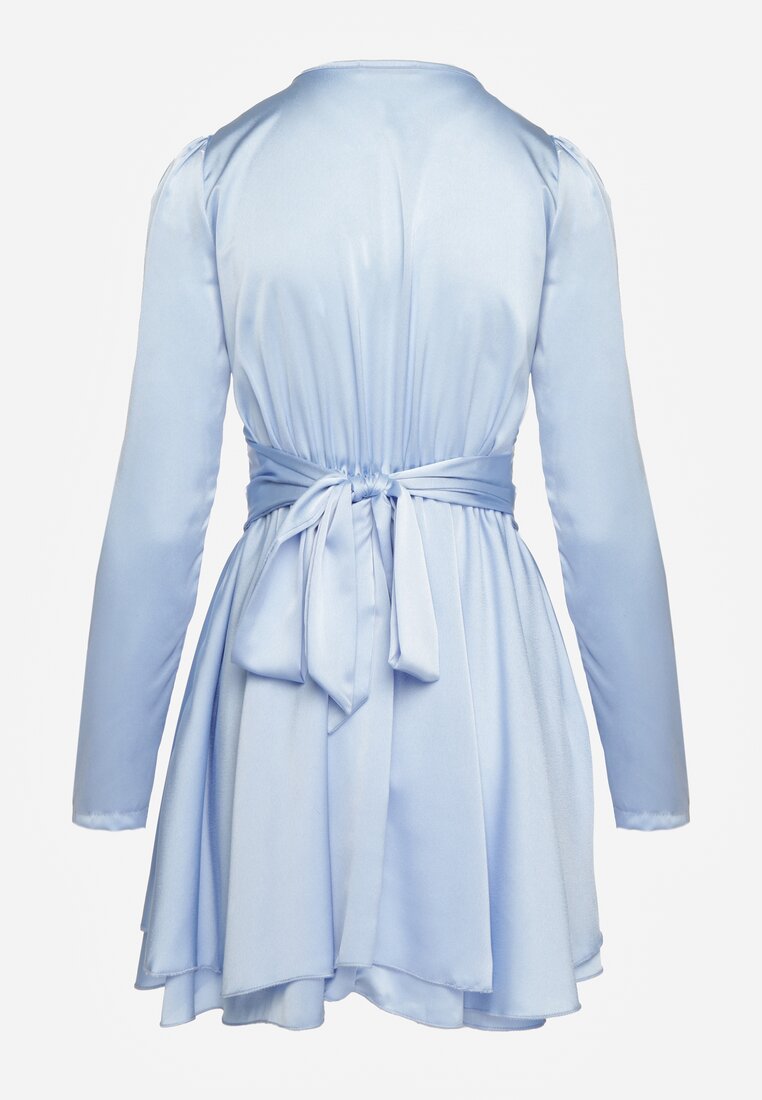 Rochie Mini din Satin Albastru cu Volane și Curea în Talie la Spate Catriona