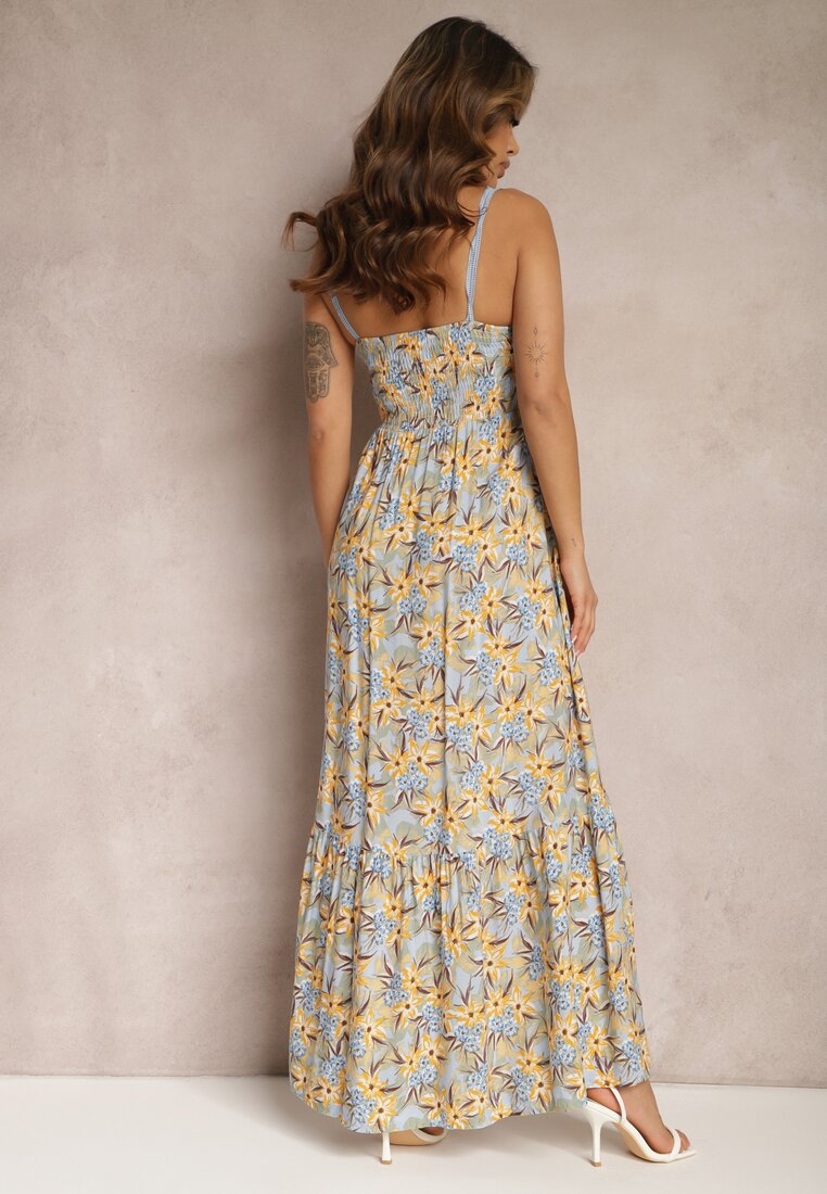 Jasnoniebieska Rozkloszowana Sukienka Maxi z Wiskozy w Kwiatowy Print na Ramiączkach Roisintia