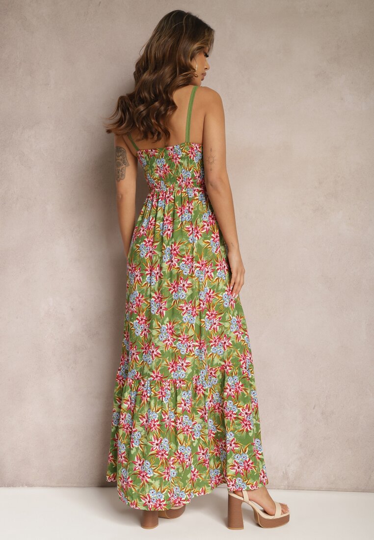 Ciemnozielona Rozkloszowana Sukienka Maxi z Wiskozy w Kwiatowy Print na Ramiączkach Roisintia