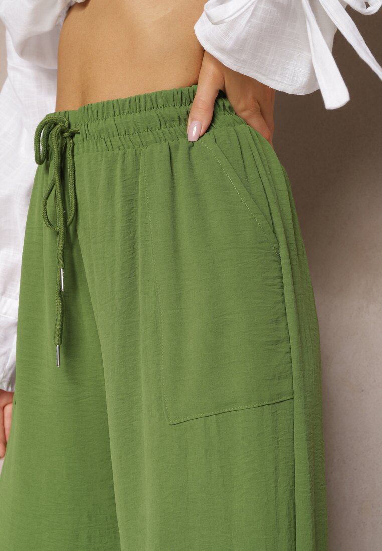 Zielone Spodnie High Waist ze Sznurkiem w Talii i Prostą Nogawką Raveann