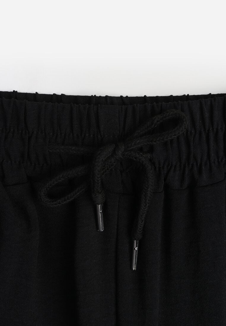 Czarne Spodnie High Waist ze Sznurkiem w Talii i Prostą Nogawką Raveann