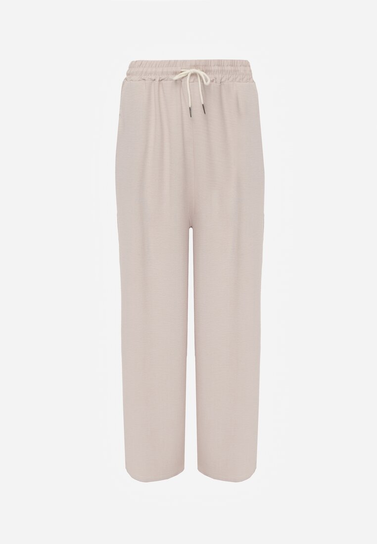 Pantaloni bej deschis cu talie înaltă și șnur în talie și picior drept Raveann