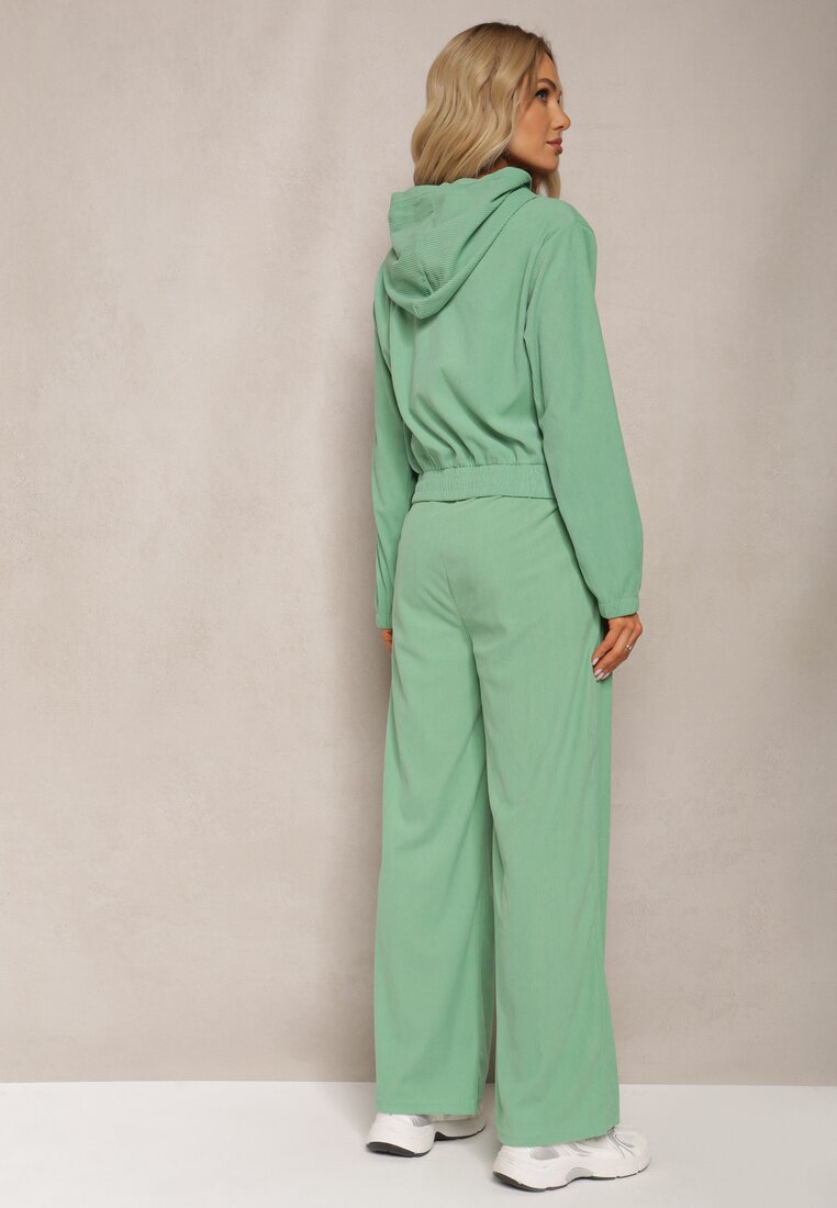 Zielony Sztruksowy Komplet Dresowy Luźne Spodnie i Rozpinana Bluza z Kapturem Compia