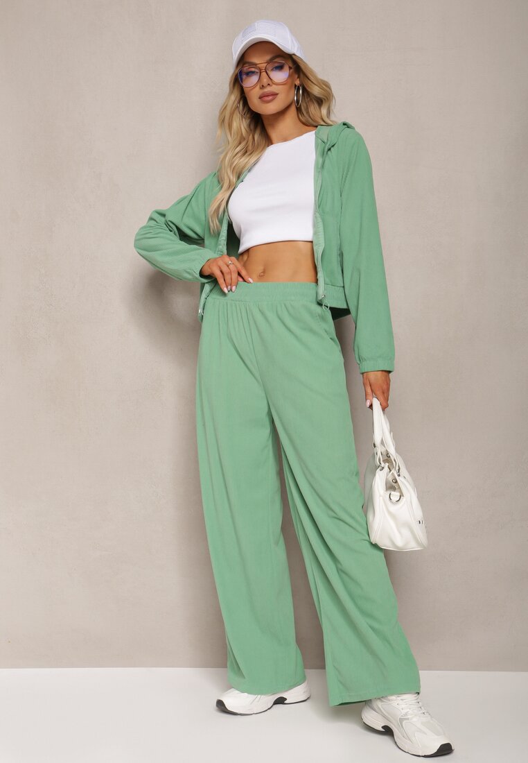 Zielony Sztruksowy Komplet Dresowy Luźne Spodnie i Rozpinana Bluza z Kapturem Compia