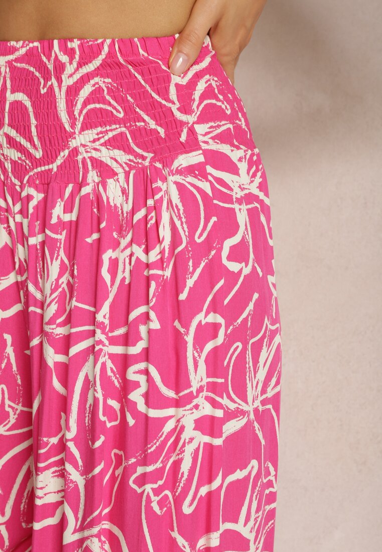 Różowe Spodnie Szerokie z Wiskozy High Waist w Kwiatowy Print Tepolla