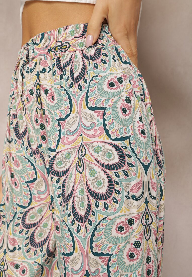 Beżowe  Spodnie z Gumką w Talii z Mozaikowym Wzorem Boho z Wiskozy Ovennti