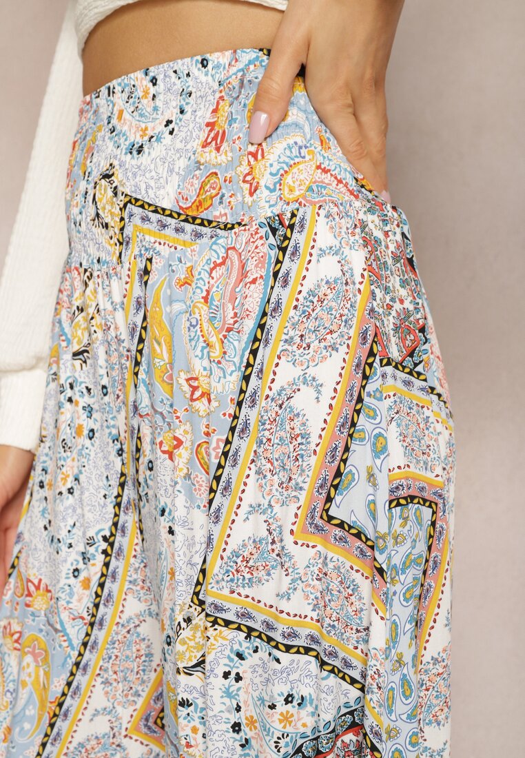 Beżowo-Niebieskie  Szerokie Spodnie Culottes z Mozaikowym Wzorem i Gumką w Pasie Mizina