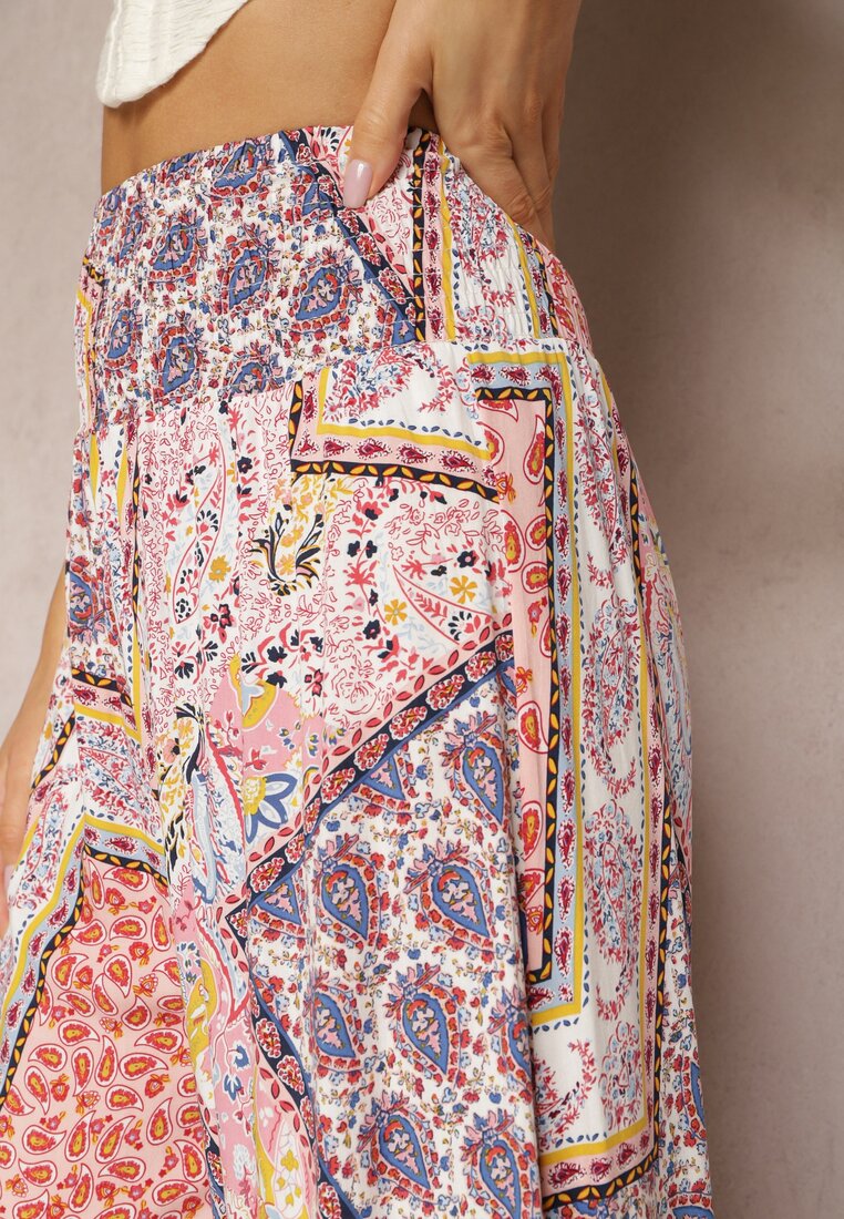 Różowe Szerokie Spodnie Culottes z Mozaikowym Wzorem i Gumką w Pasie Mizina