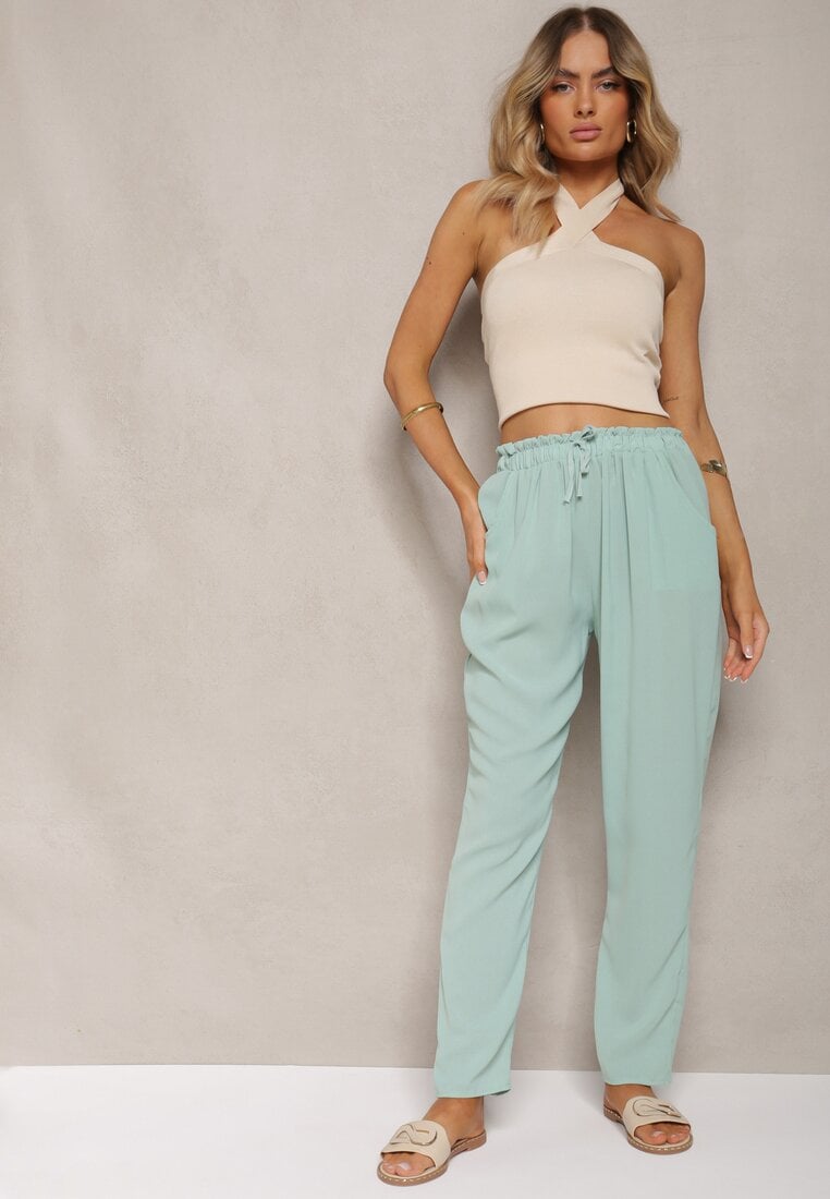 Pantaloni verde deschis cu talie regulară cu elastic și șnur în talie Cerinda