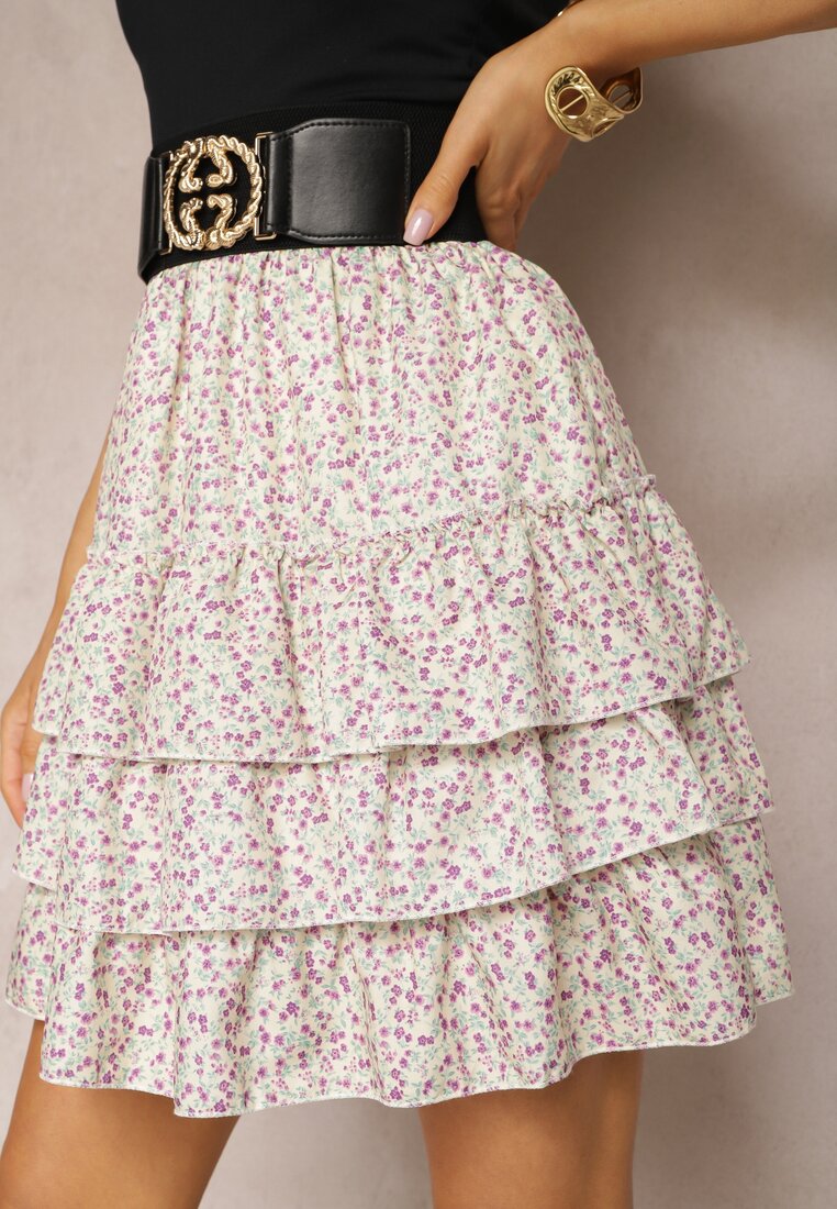 Różowa Spódnica Mini z Szerokim Paskiem z Klamrą i Falbankami Branja