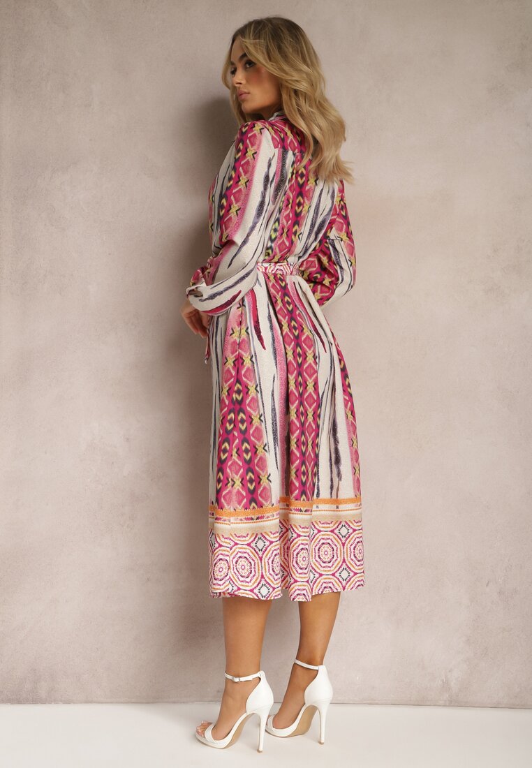 Fuksjowo-Beżowa Koszulowa Sukienka Wiązana w Talii Ozdobiona Abstrakcyjnym Wzorem Nilima