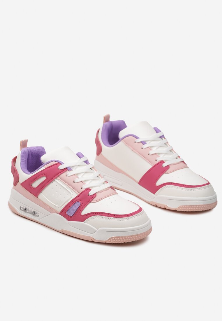 Biało-Różowe Sznurowane Sneakersy z Licznymi Wstawkami z Ekoskóry Gwendias
