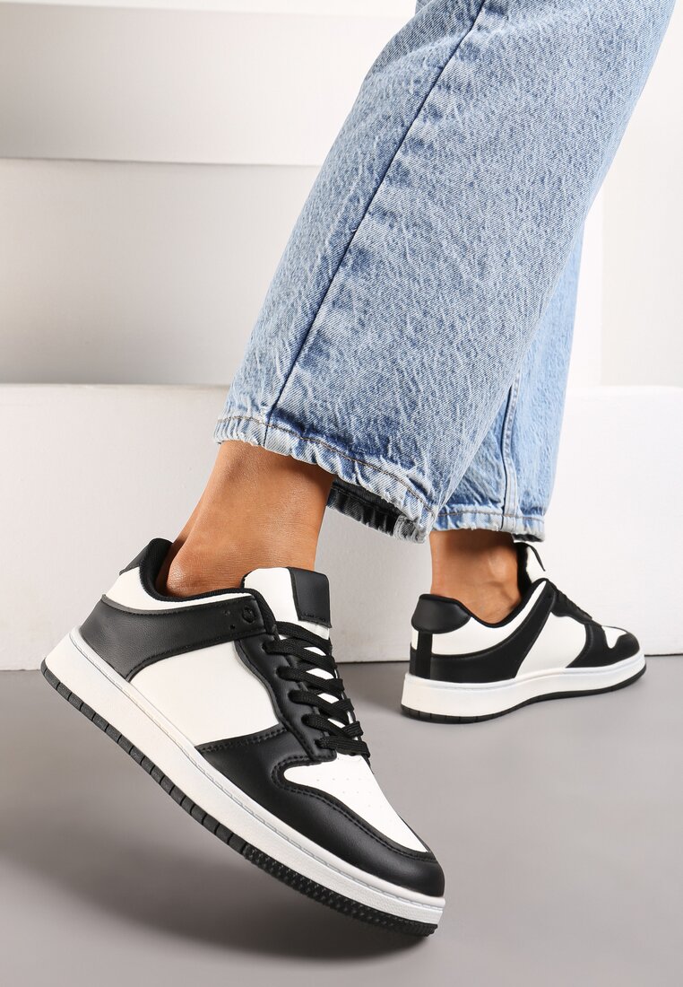 Biało-Czarne Sznurowane Sneakersy na Płaskiej Podeszwie z Imitacji Skóry Bioriana